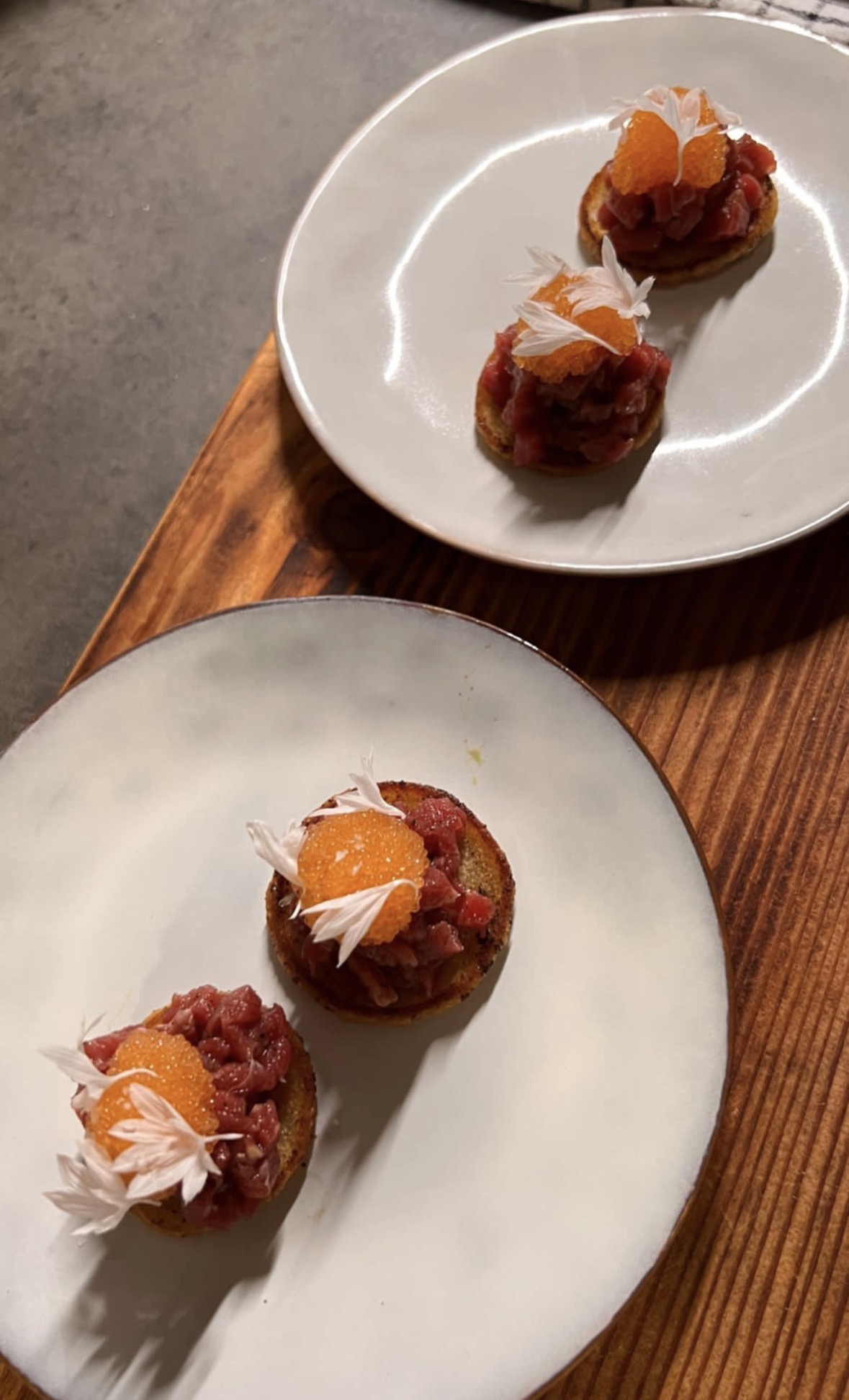 Beef tartare with roe and edible petals